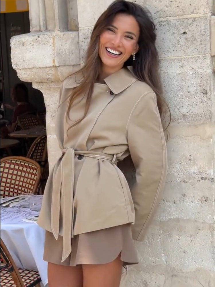 Damen Taillierte Kurzjacke mit Bindegürtel und überschnittenen Ärmeln Drune