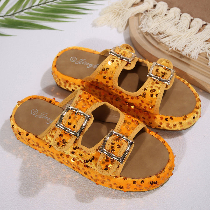 Damen Glamouröse Pantolette mit funkelnden Pailletten und verstellbaren Riemen Drune