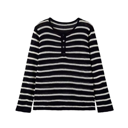 Damen Gestreifter Feinstrick-Pullover mit Knopfleiste und Rundhalsausschnitt Drune
