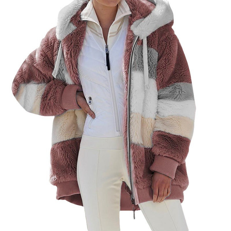 Damen nan oversized Kunstfell-Patchwork Kapuzenjacke mit Rippbündchen und Zweiwege-Reißverschluss Drune