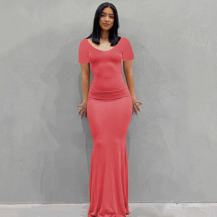Damen Körperbetontes Maxi‑Jerseykleid mit taillierter Drapierung, langen Ärmeln und ausgestelltem Saum Drune