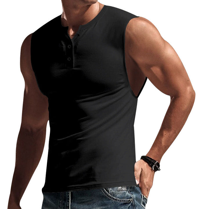 Herren nan ärmelloses Muskelshirt mit Henley-Knopfleiste, tiefem Armausschnitt und elastischem Baumwollmix Drune