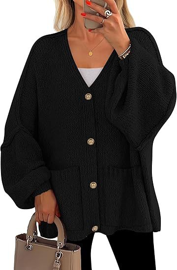 Damen Oversized Strickjacke mit Knöpfen und großen Taschen Drune