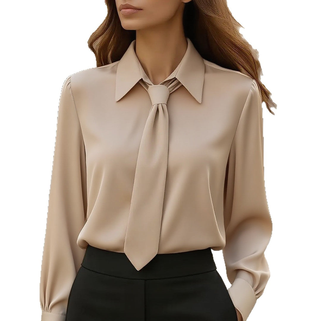 Damen Seidige Business Bluse mit Hemdkragen und integrierter Schleife Drune