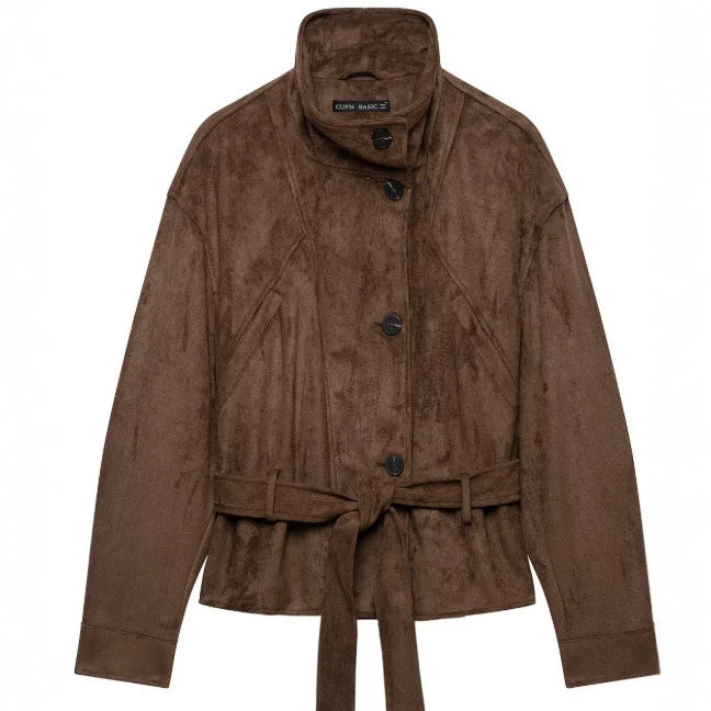 Damen Kurzjacke aus Veloursimitat mit Stehkragen und Taillengürtel Drune