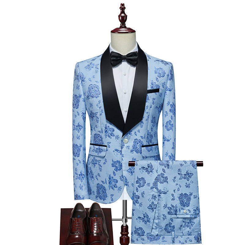 Herren Luxuriöses dreiteiliges Smoking-Set mit Schalrevers und Blumen-Jacquard Drune