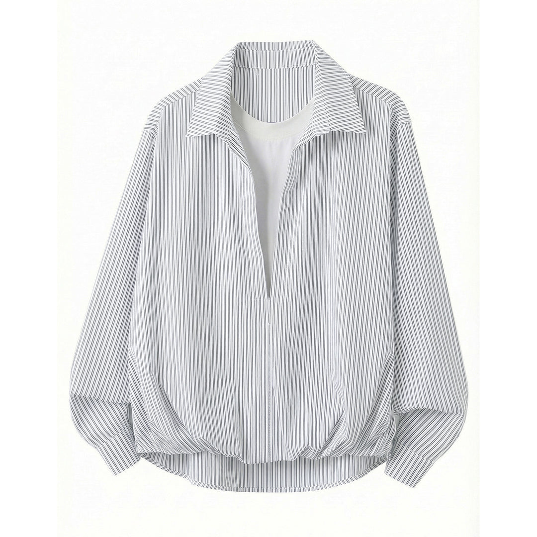 Damen Weites gestreiftes Hemdblusen-Shirt mit tiefem V-Ausschnitt und gerafftem Saum Drune