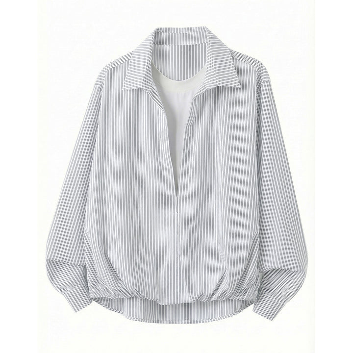 Damen Weites gestreiftes Hemdblusen-Shirt mit tiefem V-Ausschnitt und gerafftem Saum Drune