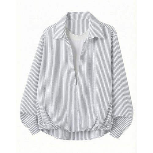 Damen Weites gestreiftes Hemdblusen-Shirt mit tiefem V-Ausschnitt und gerafftem Saum Drune
