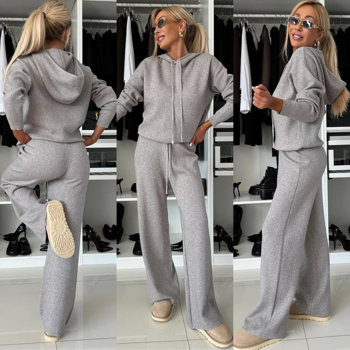 Damen kuscheliger Strick-Jogginganzug mit kurzem Kapuzenpullover und weitem Fließbein Drune