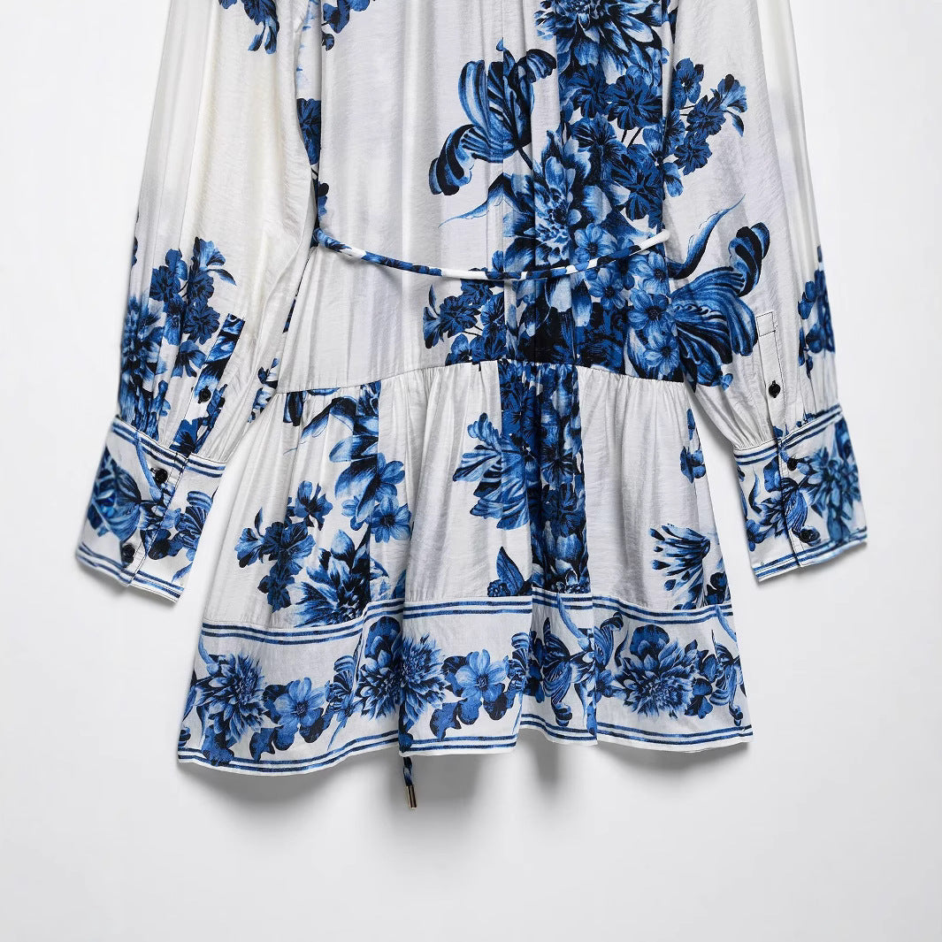 Damen Midikleid mit Stehkragen, durchgehender Knopfleiste und Taillenzug Drune