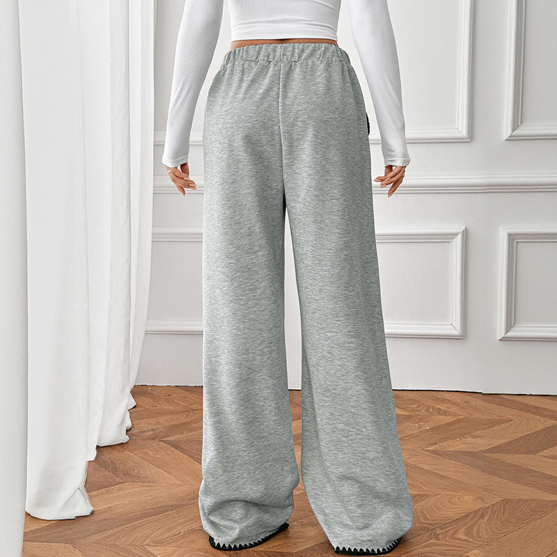Damen Relaxte Lounge-Jogginghose mit weitem Bein, elastischem Bund, Kordelzug und Zierkante Drune