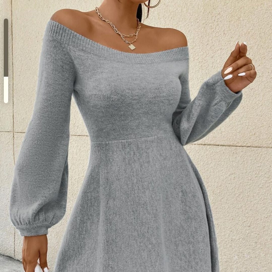 Damen Schulterfreies Feinstrick-Kleid mit taillierter Passform und Ballonärmeln Drune