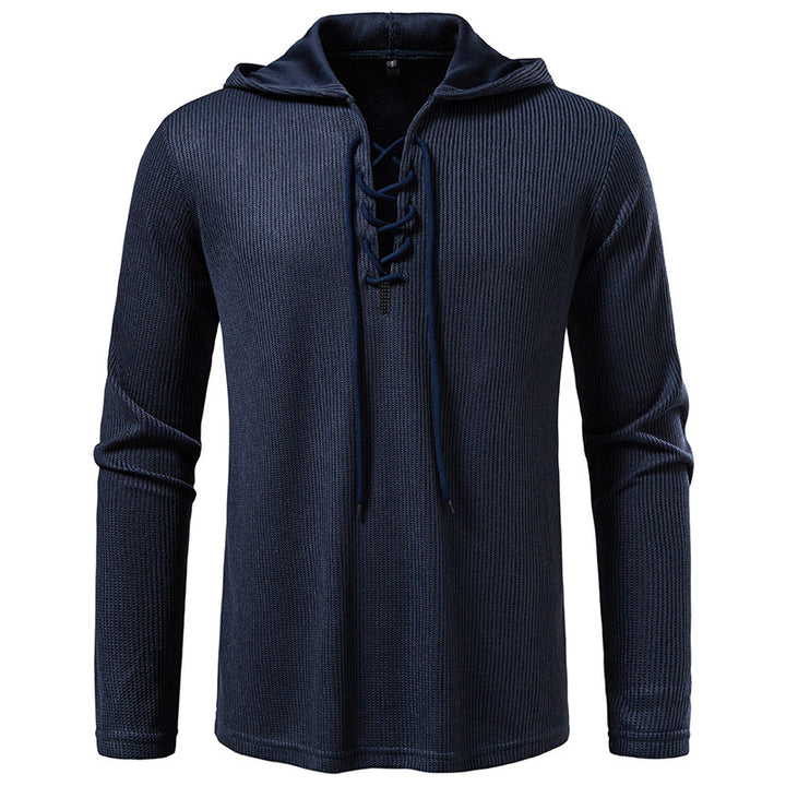 Herren Waffelstrick-Kapuzenpullover mit Schnürkragen und geradem Saum Drune