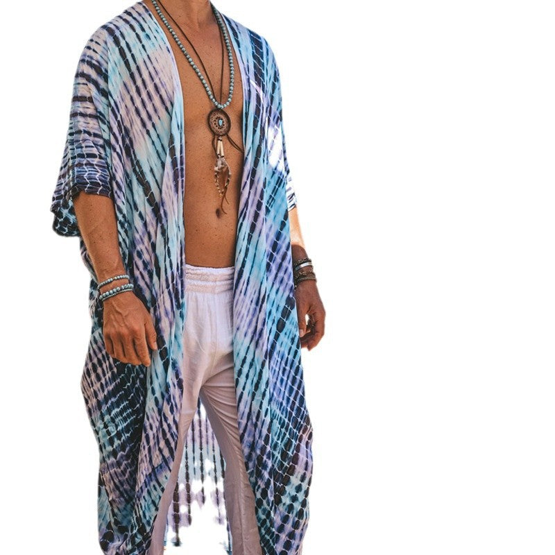Herren Langer Strandkaftan im Batik-Look aus leichtem Viskose‑Mix Drune