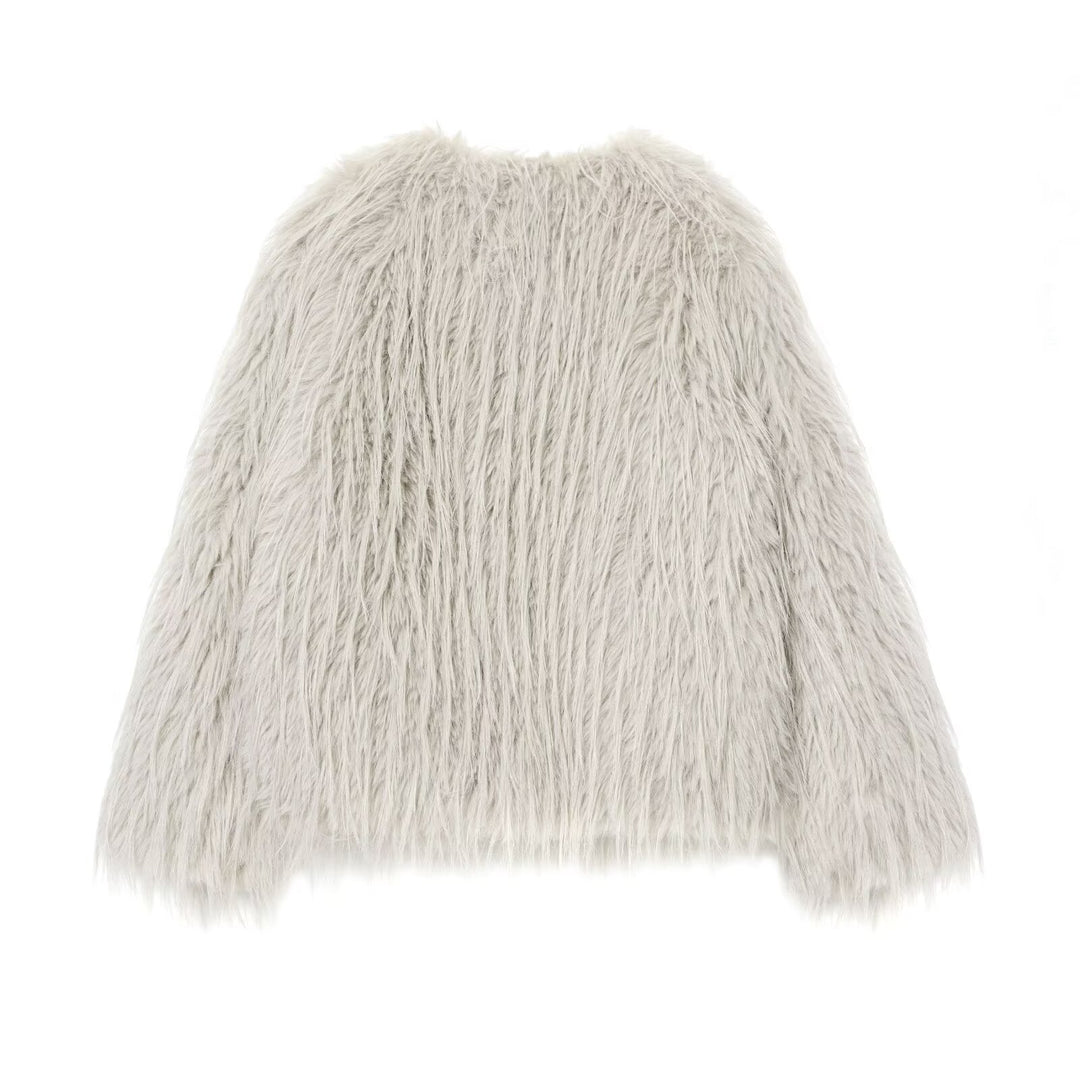 Damen Faux-Fur-Pelzjacke mit langem Shaggy-Fell und Rundhalsausschnitt Drune