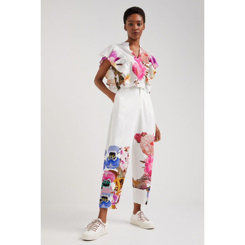 Damen Blusen- und Hosen-Set mit floralem Design und zarten Rüschendetails Drune