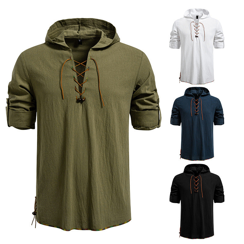 Herren Leichtes Kapuzen-Shirt mit dekorativer Schnürung, Kurzarm und Longline-Schnitt Drune