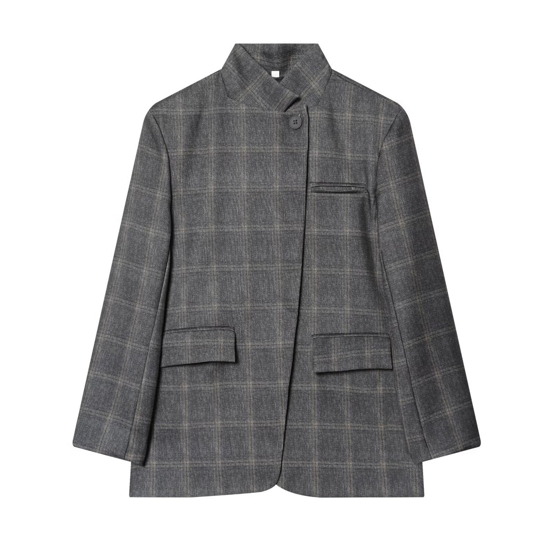 Damen Kastenförmiger Glencheck-Blazer mit Stehkragen und Pattentaschen Drune