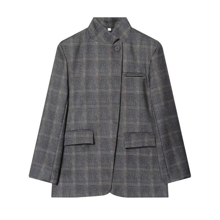 Damen Kastenförmiger Glencheck-Blazer mit Stehkragen und Pattentaschen Drune