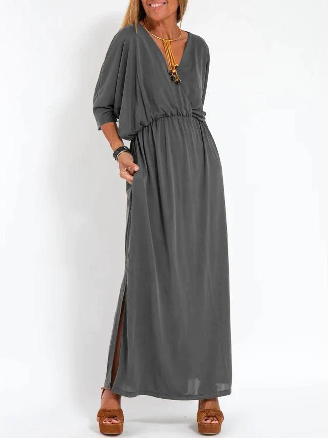Damen Lässiges Maxikleid mit tiefem V-Ausschnitt und seitlichen Schlitzen Drune