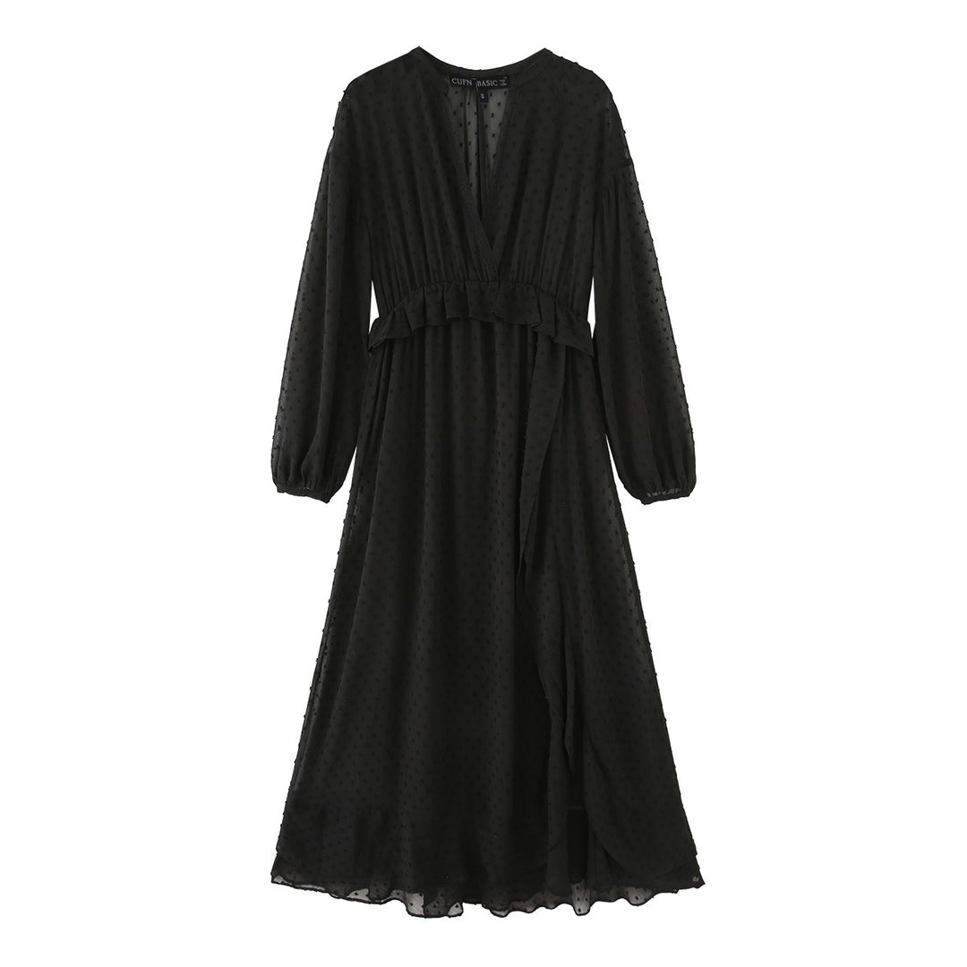Damen nan luftiges Chiffon Midikleid mit V-Ausschnitt und Volantbund Drune