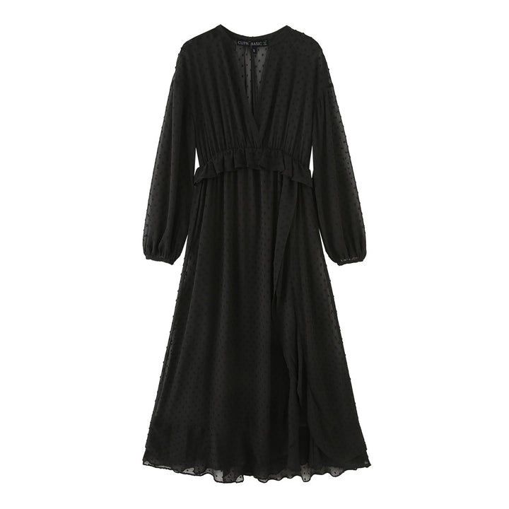 Damen nan luftiges Chiffon Midikleid mit V-Ausschnitt und Volantbund Drune