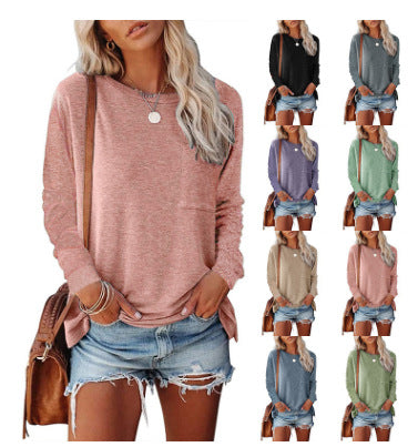 Damen lässiges Langarmshirt mit Taschen und Rundhalsausschnitt Drune