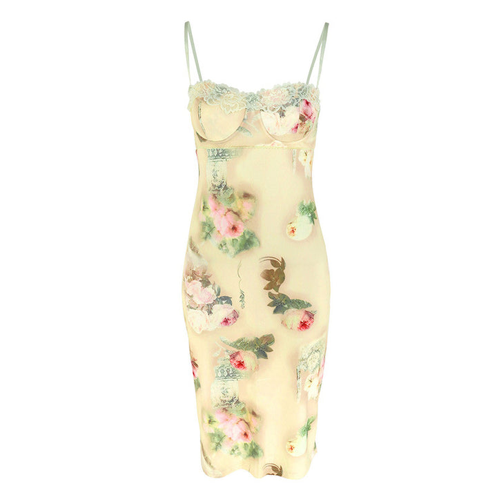Damen Sommerliches Blumenkleid mit zarter Spitze und Spaghetti-Trägern Drune
