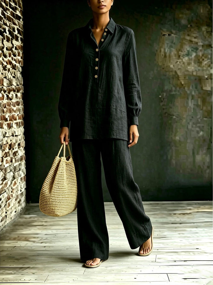 Damen Tunika-Hose Set aus Leinenoptik mit Hemdkragen und weitem Schnitt Drune