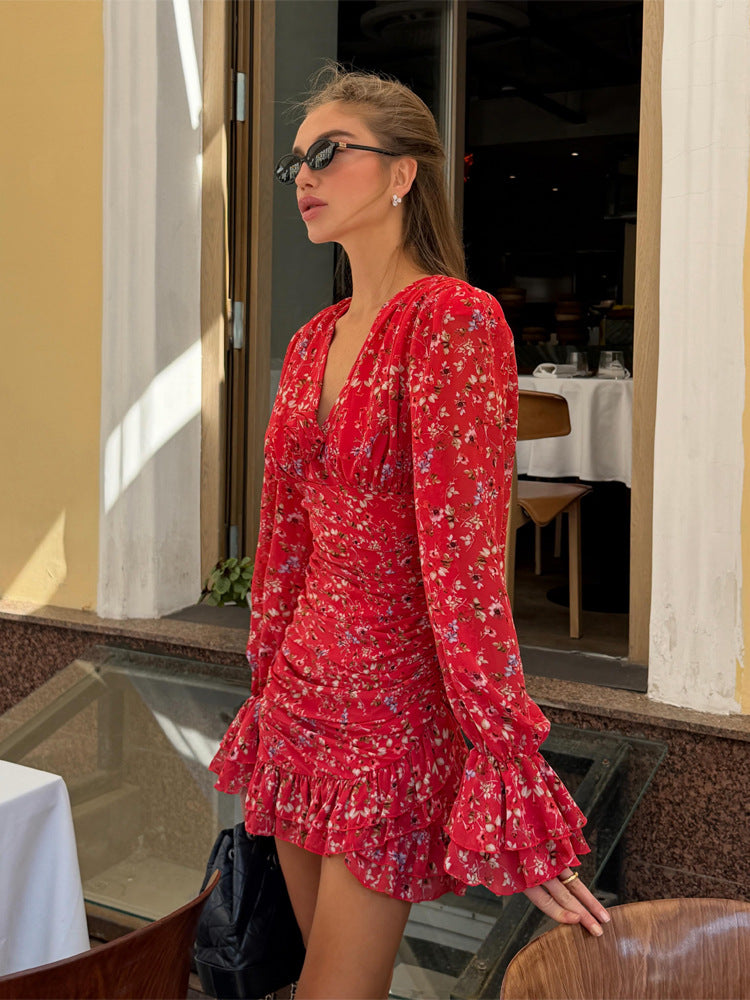 Damen Tailliertes Chiffon-Minikleid mit Blumenprint, Raffung & Volantärmeln Drune