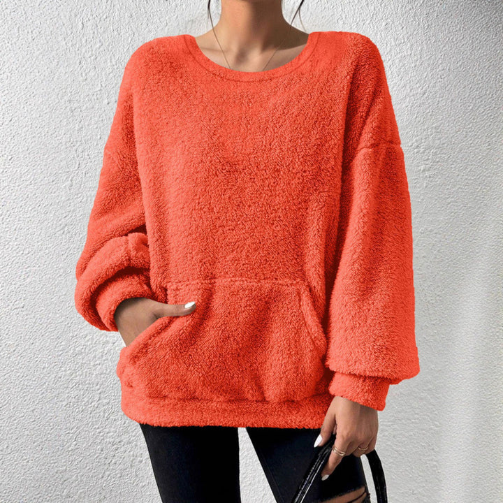 Damen Kuscheliger Oversize-Sherpa-Pullover mit Kängurutasche und Ballonärmeln Drune