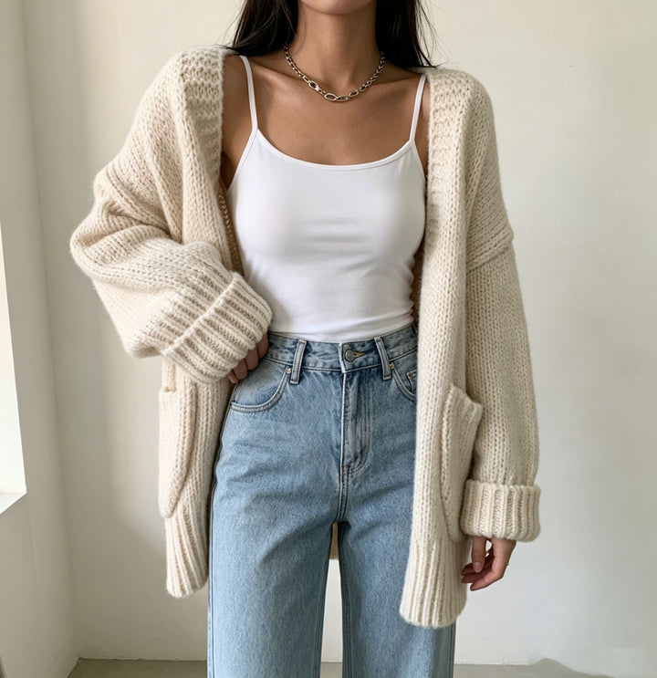 Damen Langer Offener Grobstrick-Cardigan mit aufgesetzten Taschen und gerippten Bündchen Drune