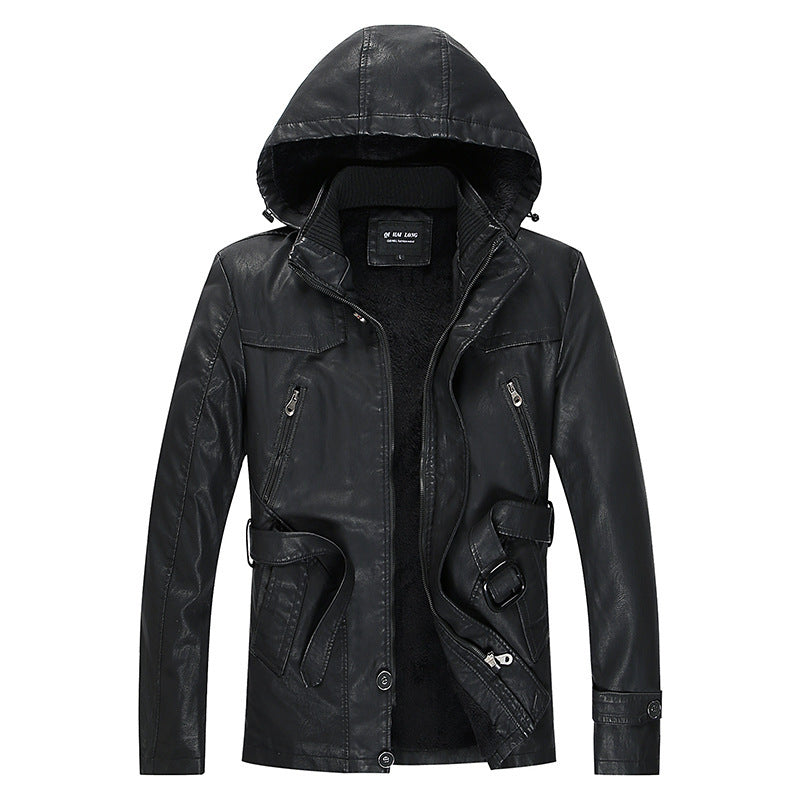 Herren Kunstlederjacke mit Kapuze, Teddyfutter und Gürtelschnalle Drune