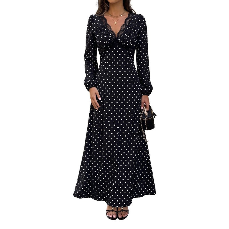 Damen Polka‑Dot Maxikleid mit Spitzen‑V-Ausschnitt, Empire‑Taillenlinie und langem Fließrock Drune