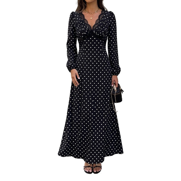 Damen Polka‑Dot Maxikleid mit Spitzen‑V-Ausschnitt, Empire‑Taillenlinie und langem Fließrock Drune