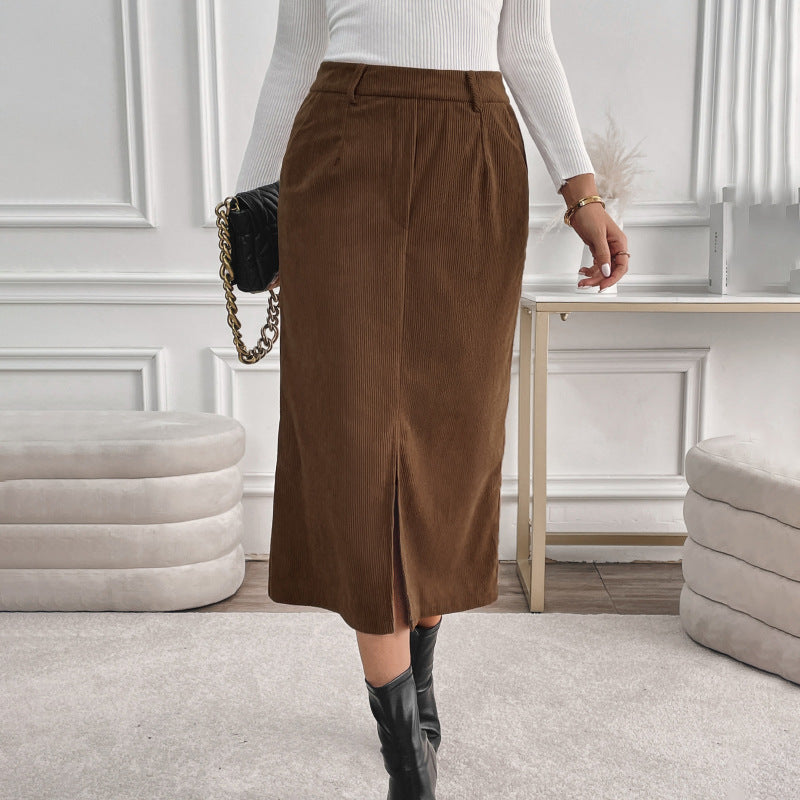 Damen Cord-Midirock mit hohem Bund, Eingrifftaschen und mittigem Schlitz Drune