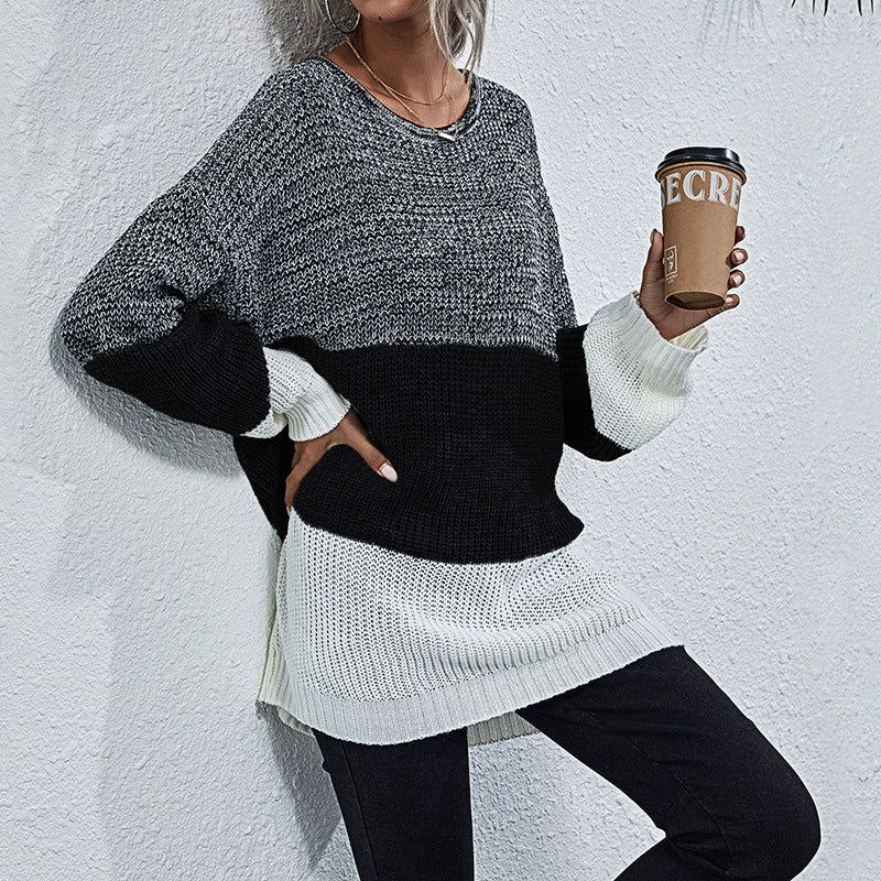 Damen Oversize Strickpullover mit Colorblock‑Einsätzen, Rundhals und Tunika‑Silhouette Drune