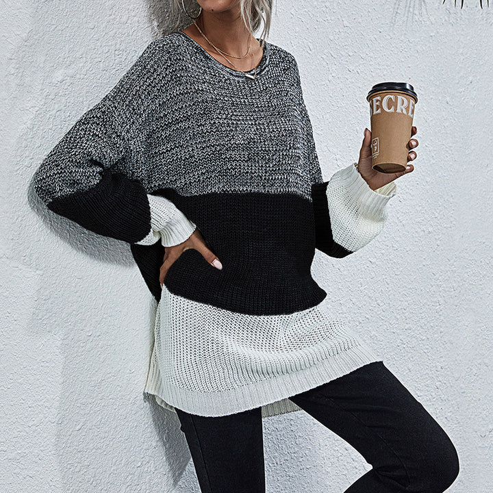 Damen Oversize Strickpullover mit Colorblock‑Einsätzen, Rundhals und Tunika‑Silhouette Drune