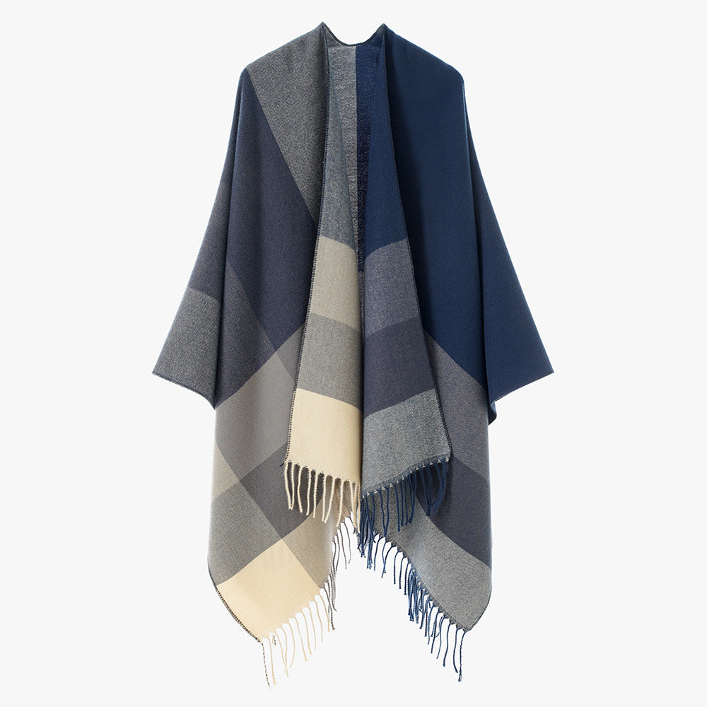 Damen Wickel-Cape aus Wollmix mit Karomuster und Fransen Drune