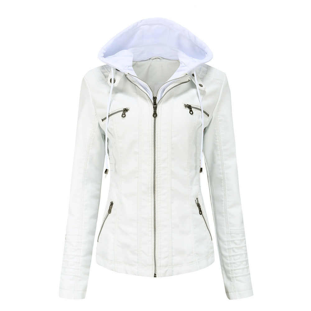 Damen nan taillierte Kunstlederjacke mit Kapuze, gesteppter Armblende und verdeckten Reißverschlusstaschen Drune