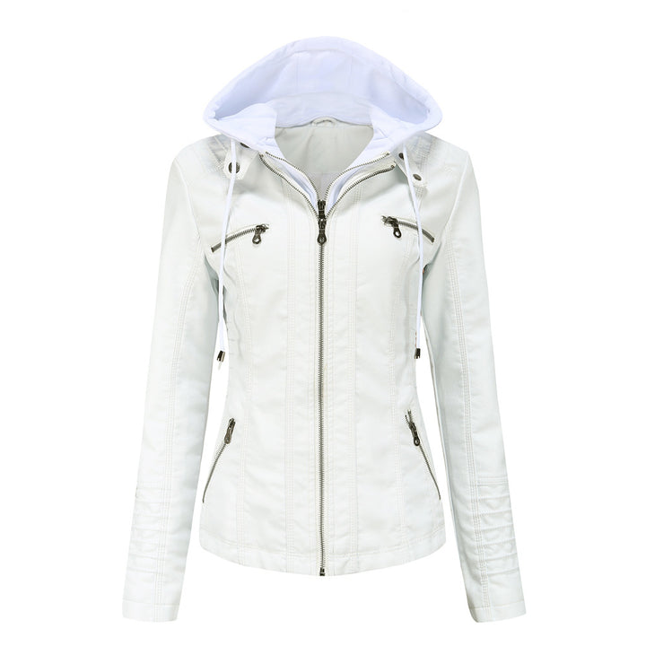 Damen nan taillierte Kunstlederjacke mit Kapuze, gesteppter Armblende und verdeckten Reißverschlusstaschen Drune
