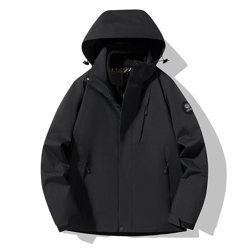 Herren dreilagige atmungsaktive Softshell-Trekkingjacke mit integriertem Fleecekragen und verstellbarer Kapuze Drune