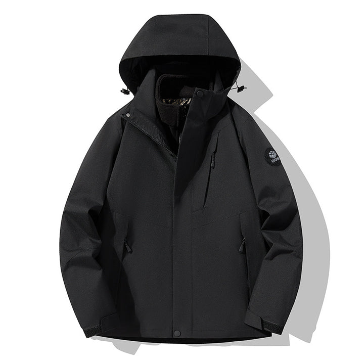 Herren dreilagige atmungsaktive Softshell-Trekkingjacke mit integriertem Fleecekragen und verstellbarer Kapuze Drune