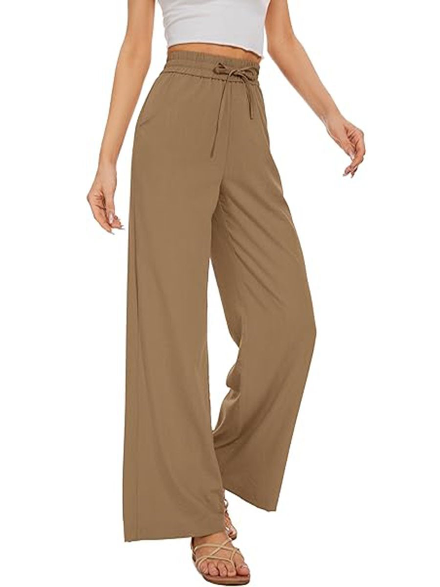 Damen Weite Leinenhose mit hohem elastischem Bund, Kordelzug und Eingrifftaschen Drune