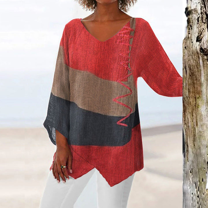 Frauen Casual A-Linien Leinenlook Tunika mit Farbblockstreifen und V-Ausschnitt Drune