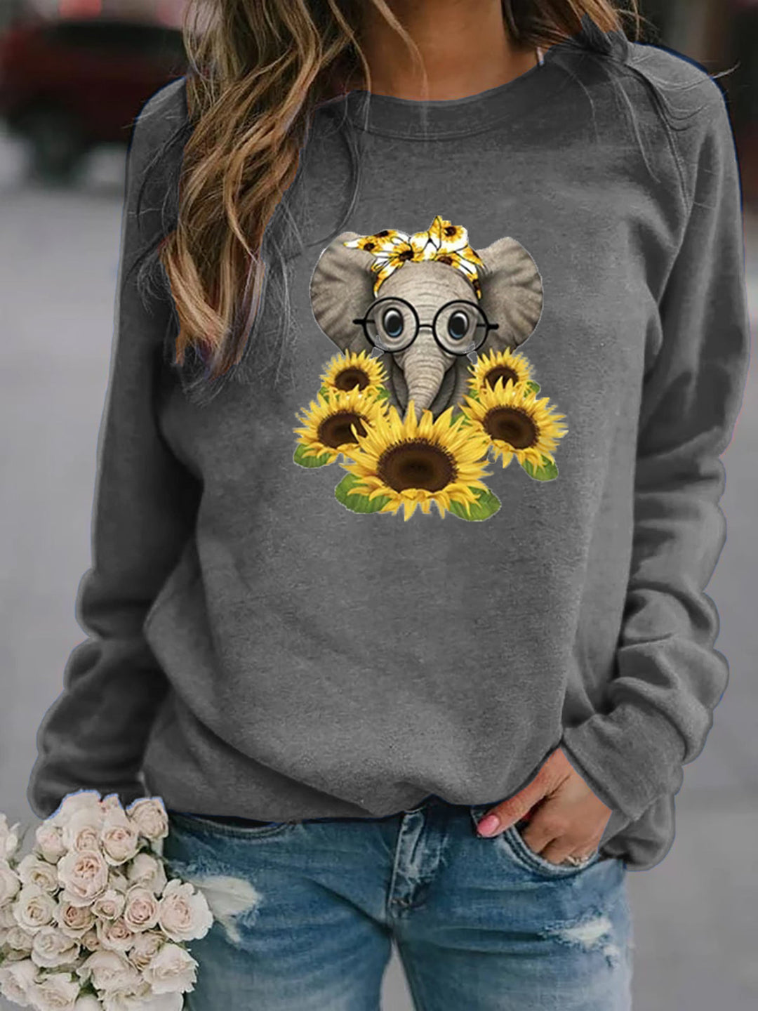 Damen-Sweatshirt mit Elefantenprint, Sonnenblumenmotiv und weichem Fleece Drune