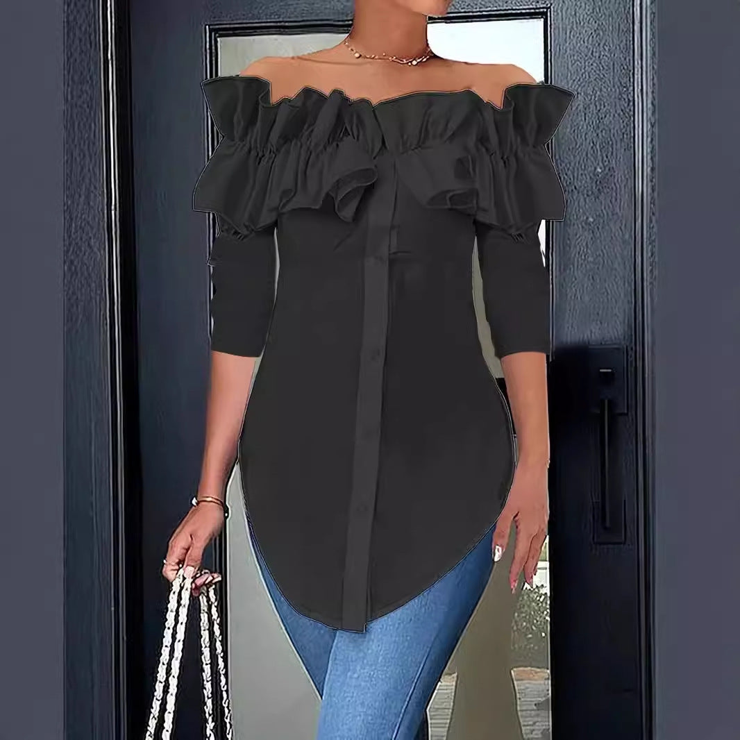 Damen Bluse mit schulterfreiem Design und voluminösen Rüschendetails Drune