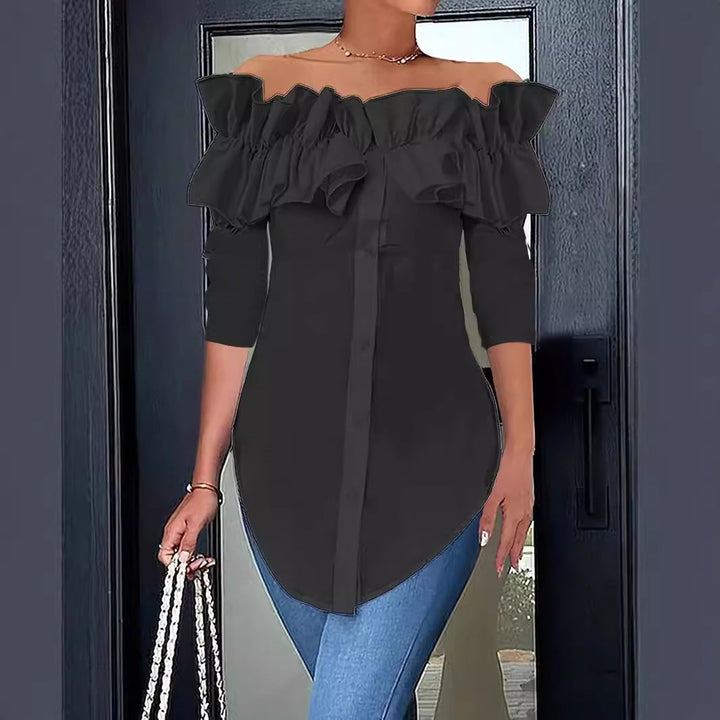 Damen Off-Shoulder Bluse mit Rüschen und Knopfleiste Drune