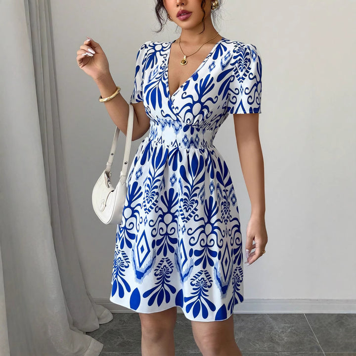 Damen Sommerliches Mini-Kleid mit elegantem V-Ausschnitt und floralen Mustern Drune
